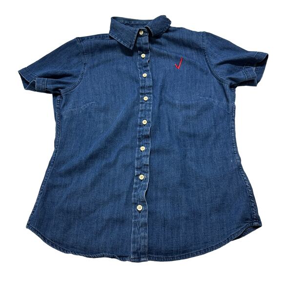 Doc Amelia Button Up Shirt Womens Size Medium M Blue Short Sleeve Cotton Blend - Picture 1 of 8